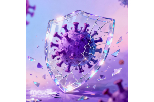 Virus with a clear shield being shattered in front of it