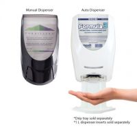 black manual wall soap dispenser and white automatic wall soap dispenser with drip tray.