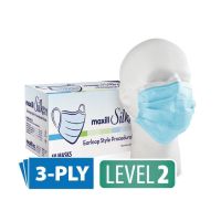 Box of 50 maxill Silken Level 2 earloop procedural masks and an blue procedural mask on mannequin head.