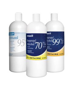 Two 5L jugs of maxill Isopropyl Alcohol (70%, and 99%) and three 1L bottles of maxill Isopropyl Alcohol (70%, and 99%), and maxill's Ethanol 95%.