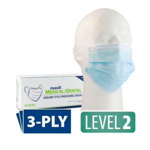 Blue maxill Earloop Procedural mask on mannequin head.