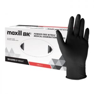 Box of maxill BK5 Black Nitrile gloves, size small.