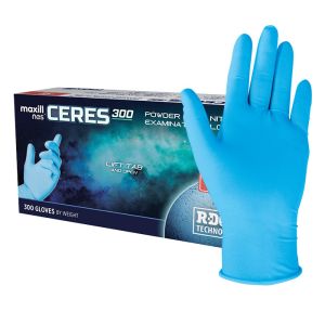 Box of blue maxill nes CERES Powder Free Nitrile Medical Examination Gloves