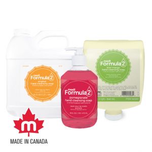 Refill jug of maxill Formula 2 original hand cleaning soap, tabletop pump pomegranate hand soap, and kiwi mango dispenser insert refill.