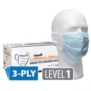 Box of 50 blue maxill L1 earloop Procedural Masks and mannequin wearing a level one earloop Procedural Masks