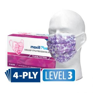 Box of 50 pink florak maxill plus procedural masks behind maxill Plus purple floral earloop style procedural mask on mannequin head. 