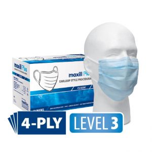 Box of 50 maxill Plus Earloop style procedural mask behind mannequin head wearing a classic blue procedural mask.