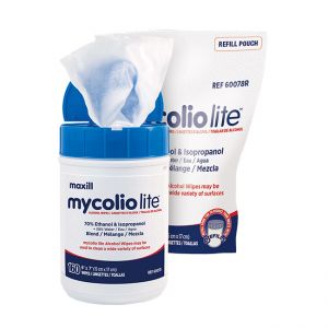 Container of 160 mycolio Lite Alcohol Wipes in front of a bag of mycolio Lite Alcohol Wipes.