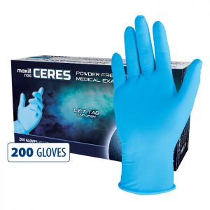 Box of blue maxill nes CERES Powder Free Nitrile Medical Examination Gloves