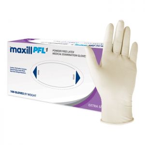 Box of maxill PFL1 powder free latex gloves