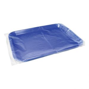 Clear plastic tray sleeve over purple instrument tray. 