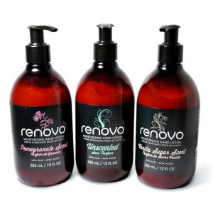 355ML bottles of maxill renovo hand moisturizer in unscented, and pomegranate and vanilla sugar scents