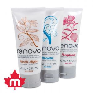 60ML tubes of renovo hand moisturizer in unscented, and vanilla sugar, and pomegranate scents.