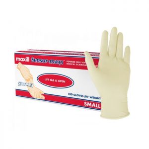 Box of small maxill Sensor-maxx stretchy vinyl gloves.
