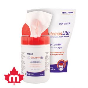 Container of tb Minuteman Lite 70% Isopropyl Alcohol Wipes in front of a refill bag of tb Minuteman Lite 70% Isopropyl Alcohol Wipes.
