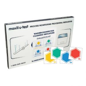 Four Washer-Disinfector cleaning indicators and box. 