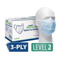 Box of maxill L2 earloop procedural masks and an blue procedural mask on mannequin head.