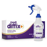 box of maxill diffix+ disinfectant tablets and labeled pray bottle for diffix+ disinfectant tablets