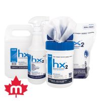 A 4L jug of hx2 hard surface disinfectant , A 946ML bottle of hx2 hard surface disinfectant spray, a container 160 of hx2 hard surface disinfectant wipes, a bag of 160 hx2 hard surface disinfectant wipes refill.