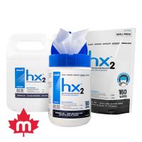 A 4L jug of hx2 hard surface disinfectant, a container 160 of hx2 hard surface disinfectant wipes, a bag of 160 hx2 hard surface disinfectant wipes refill.