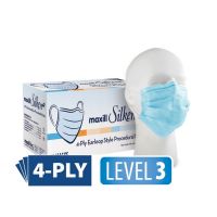 Box of 50 maxill Silken Level 3 earloop procedural masks and a blue procedural mask on mannequin head.