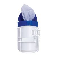 White powder coated wipes dispenser rack holding a white container of disinfectant wipes with a blue lid.