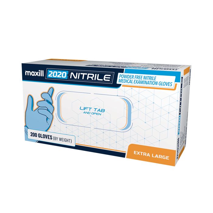 Box of maxill Nitrile 2020 Powder Free Nitrile Medical Examination Gloves, size extra large.