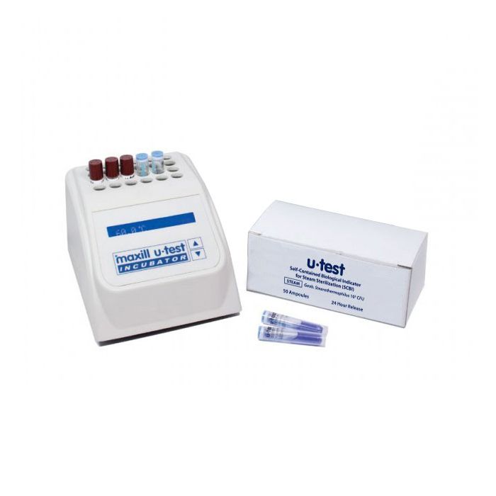 maxill u-test incubator and one box of u-test self contained biological indicators.