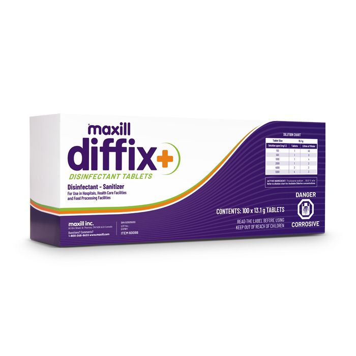 Box of 100 diffix+ disinfectant tablets.