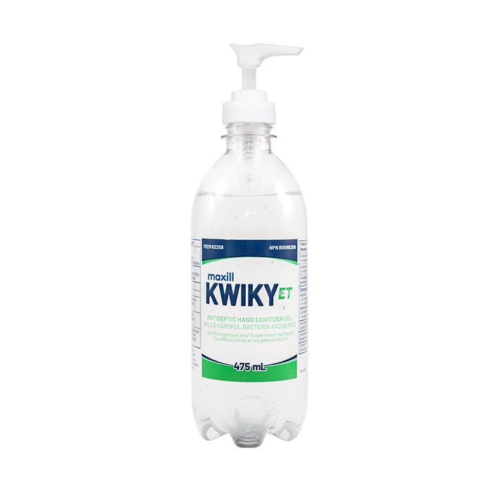 Small pump bottle of maxill KWIKY ET gel hand sanitizer.
