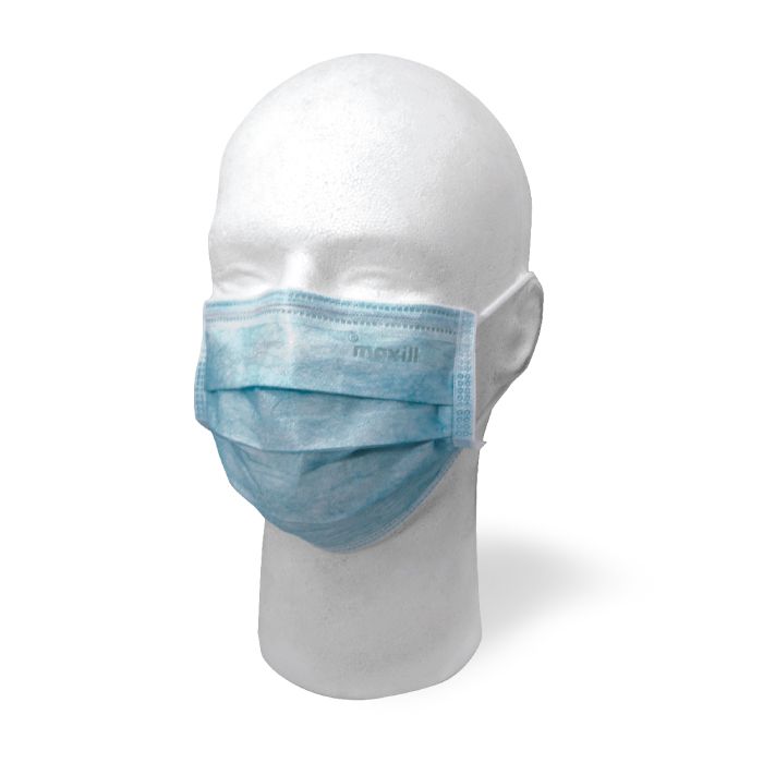 Blue maxill Earloop Procedural mask on mannequin head.