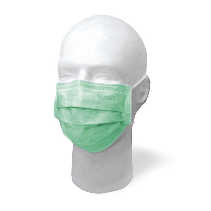 green maxill Earloop Procedural mask on mannequin head.