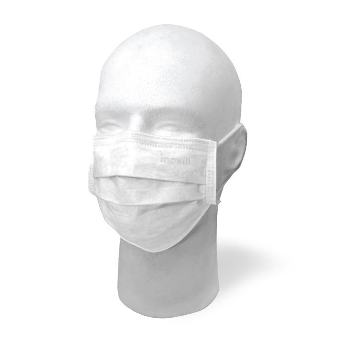 White maxill Earloop Procedural mask on mannequin head.