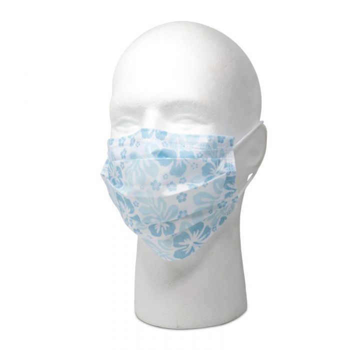 maxill Plus Earloop Style Procedural Masks - Blue Floral on mannequin head.