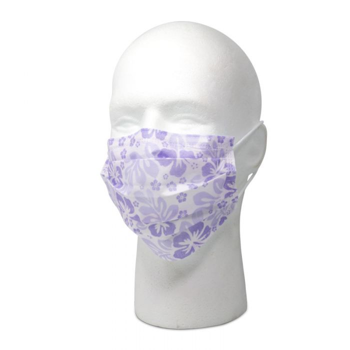 maxill Plus Earloop Style Procedural Masks - Purple Floral on mannequin head. 
