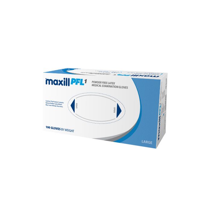 Box of large maxill PFL1 powder free latex gloves.