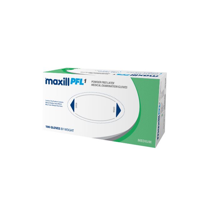 Box of medium maxill PFL1 powder free latex gloves.