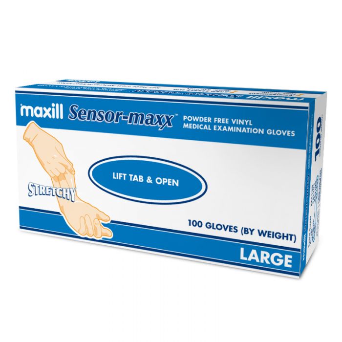 Box of large maxill Sensor-maxx stretchy vinyl gloves