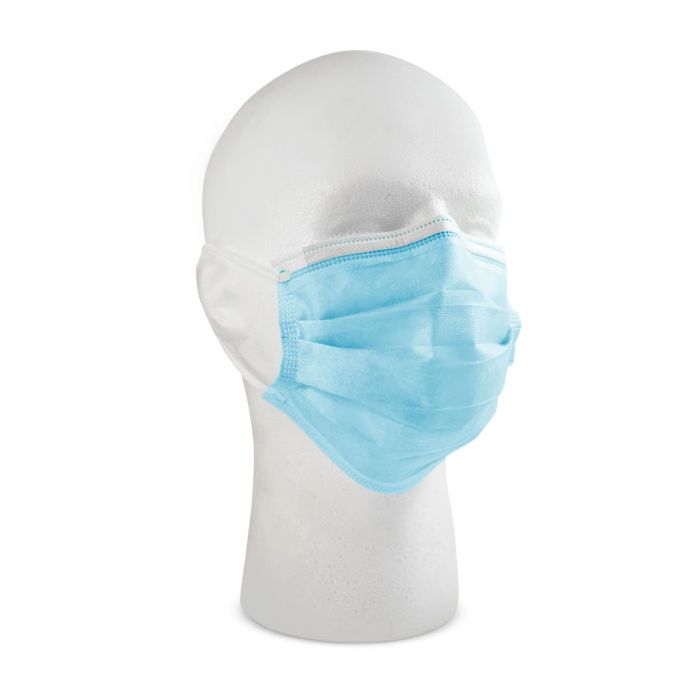 Box of 50 maxill Silken Level 2 earloop procedural masks and an blue procedural mask on mannequin head.
