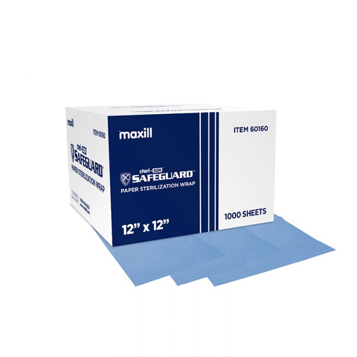 Box of steri-sox Safeguard paper sterilization wrap and 3 paper sterilization wraps.