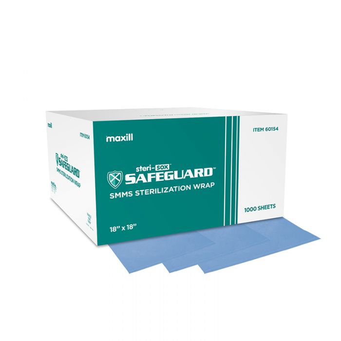 Box of steri-sox safeguard SMMS sterilization wraps, and 3 sterilization sheets.