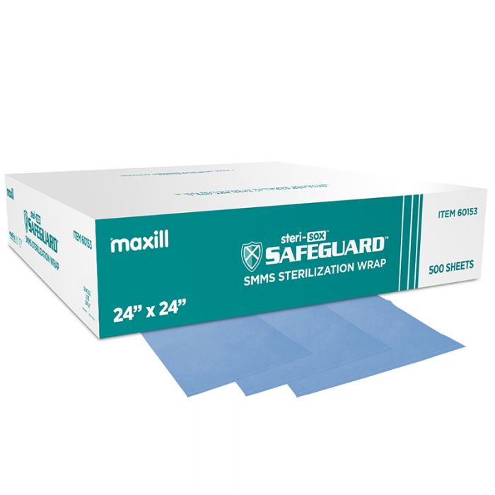 Box of steri-sox safeguard SMMS sterilization wraps, and 3 sterilization sheets.
