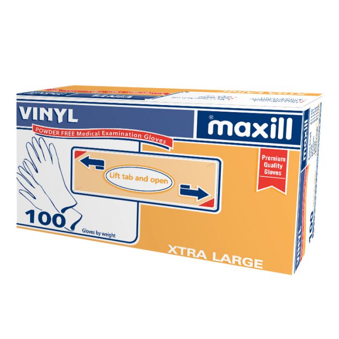 Box of extra large maxill vinyl gloves.