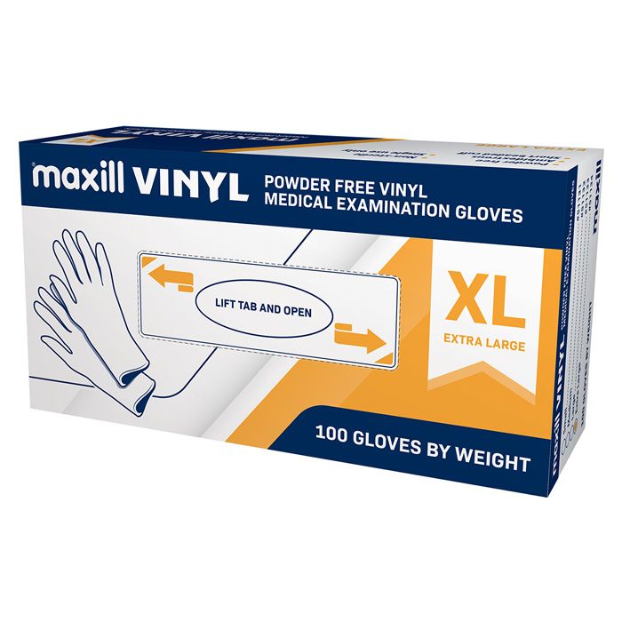 Box of extra large maxill vinyl gloves.