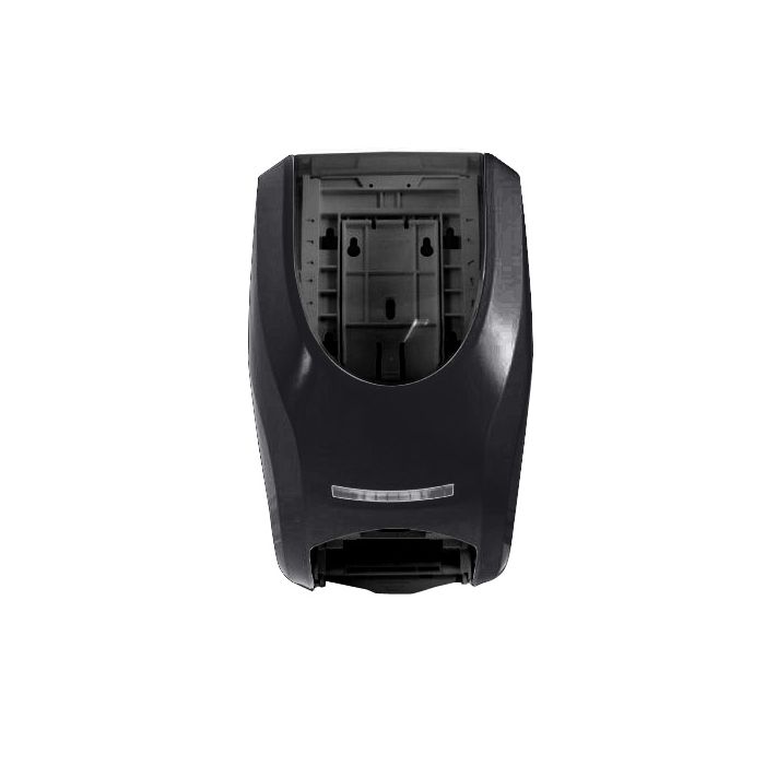 Black wall mounted soap dispenser.