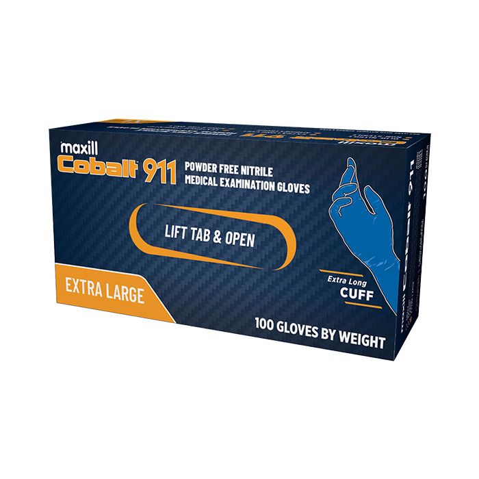 Box of extra large Cobalt 911 powder free Nitrile medical examination gloves