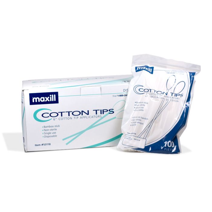 Box and bag of maxill Cotton Tip Applicators