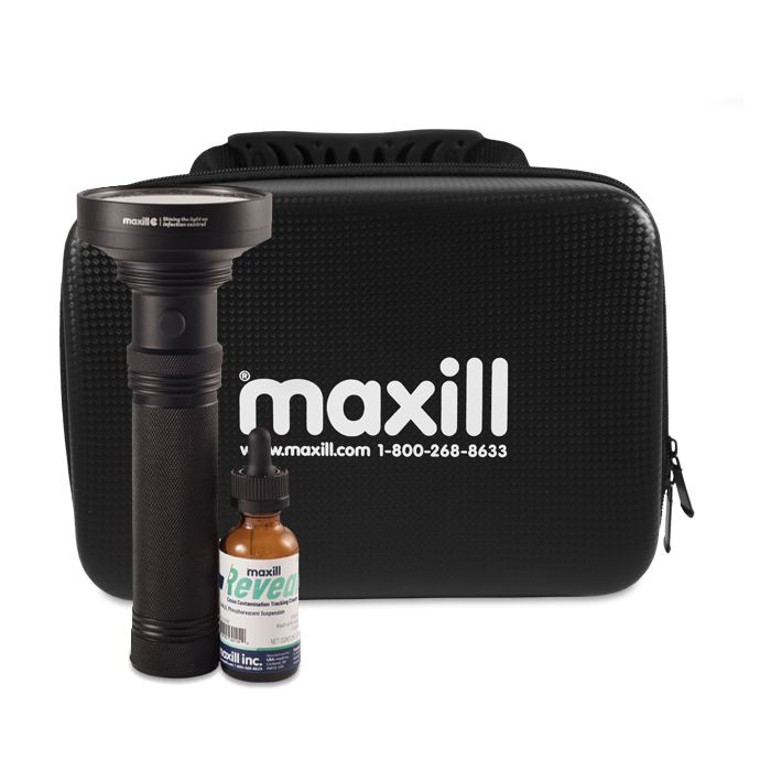 Reveal Cross contamination tracking cream, blue light, and carrying case. 