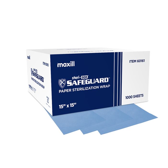 Box of steri-sox Safeguard paper sterilization wrap and 3 paper sterilization wraps.