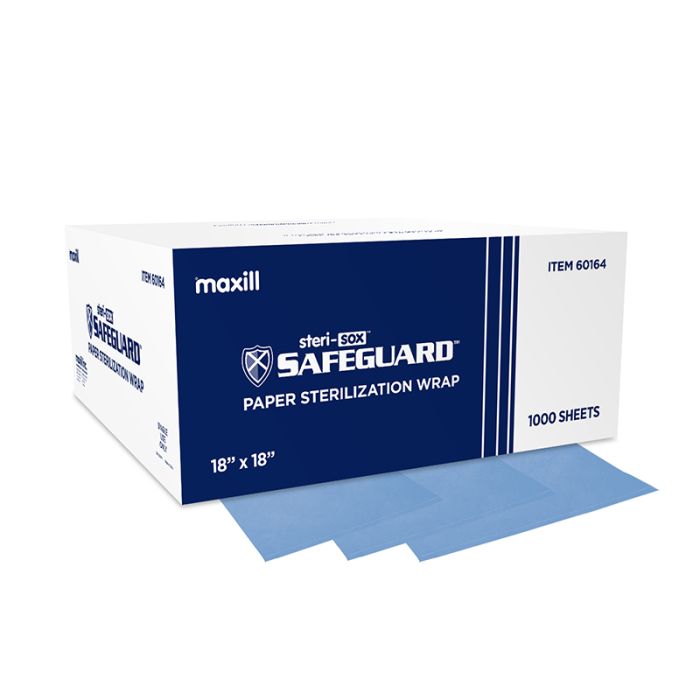 Box of steri-sox Safeguard paper sterilization wrap and 3 paper sterilization wraps.